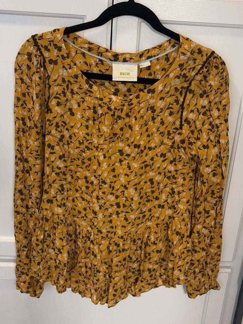 Maeve by Anthropologie Floral Yellow Peplum Long Sleeve Flowy Blouse, Small